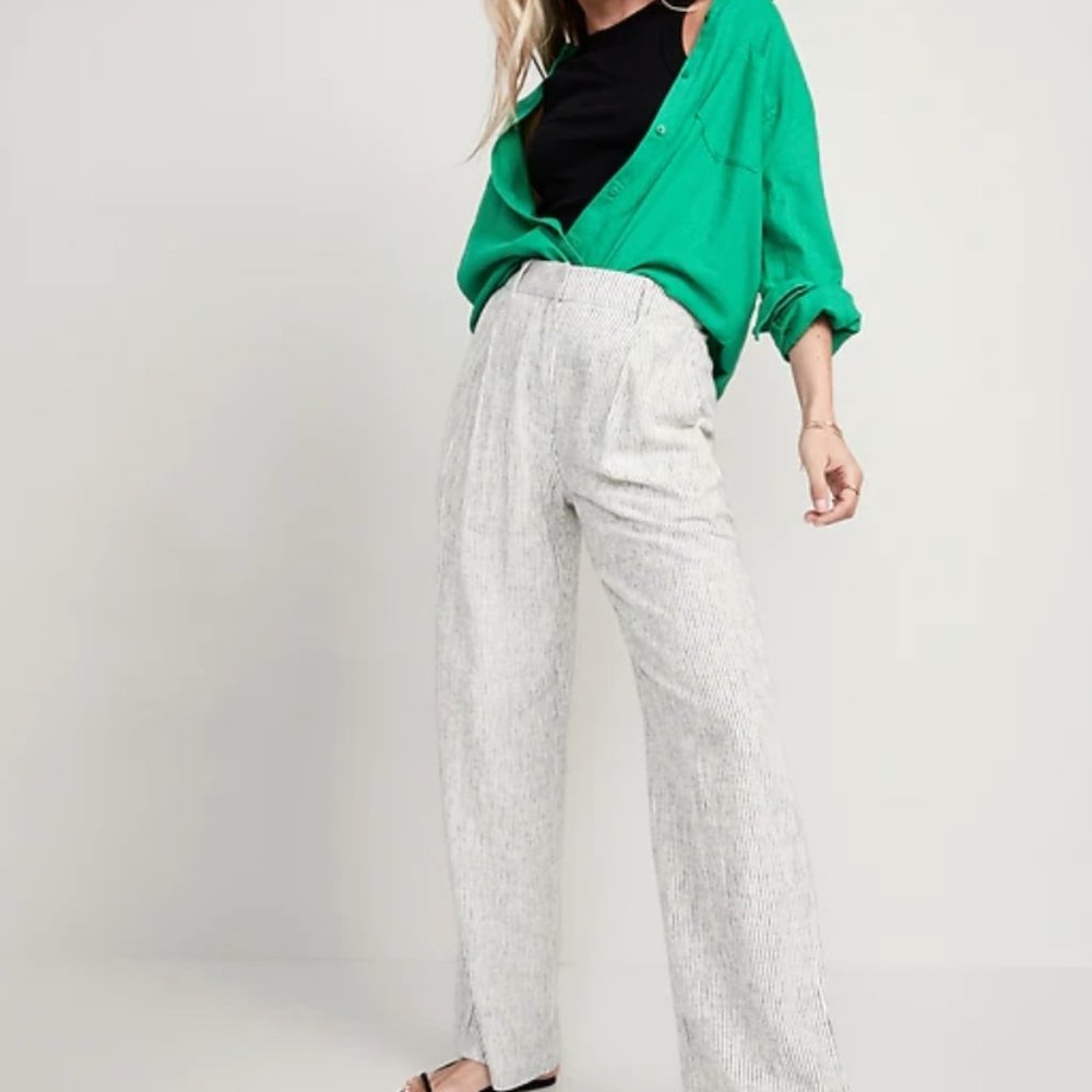 High-Waisted Pleated Taylor Pinstripe Linen-Blend Wide-Leg Trouser Suit Pants